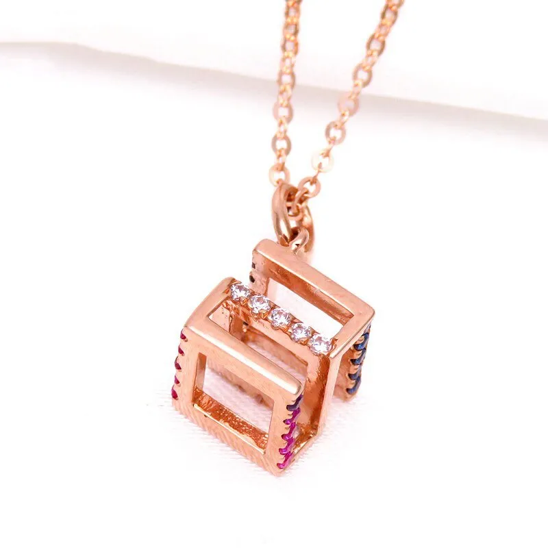 New in 585 Purple Gold Plated 14K Rose Gold Square Necklace