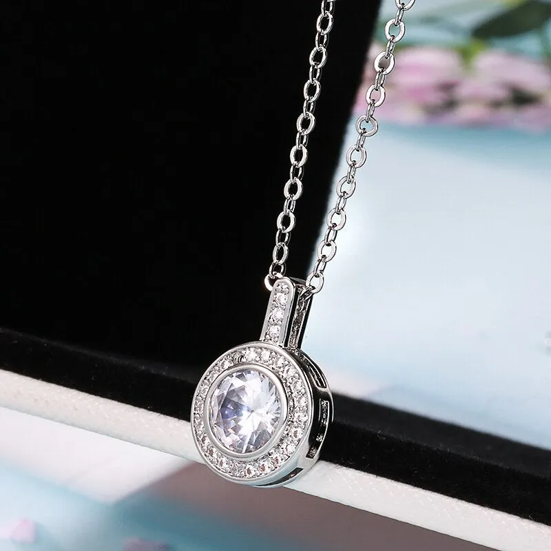 New Luxury Zircon Necklaces Silver Color Round Pendant Necklaces