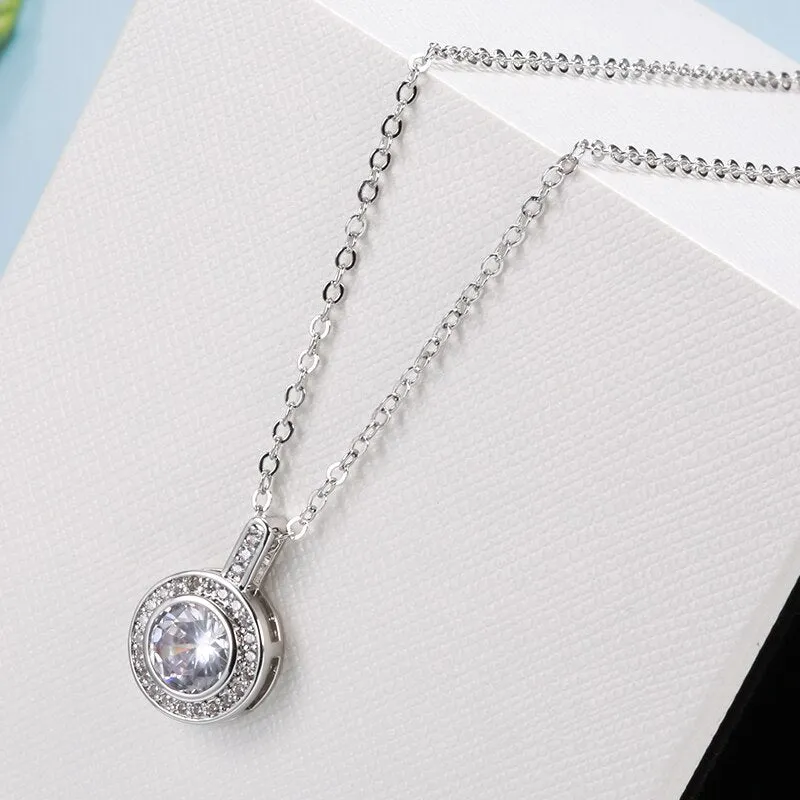 New Luxury Zircon Necklaces Silver Color Round Pendant Necklaces