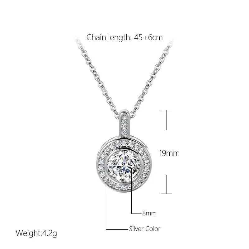 New Luxury Zircon Necklaces Silver Color Round Pendant Necklaces