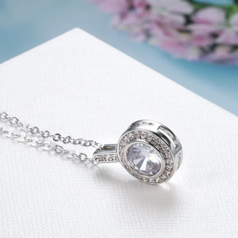 New Luxury Zircon Necklaces Silver Color Round Pendant Necklaces