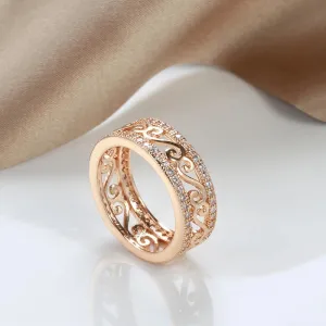 New Micro Inlay Double Row Rolled 14K Rose Gold AAA Zircon Diamonds Hollow Flower Ethnic Rings - Fine Jewellery