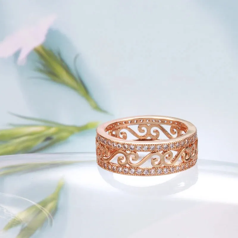 New Micro Inlay Double Row Rolled 14K Rose Gold AAA Zircon Diamonds Hollow Flower Ethnic Rings - Fine Jewellery