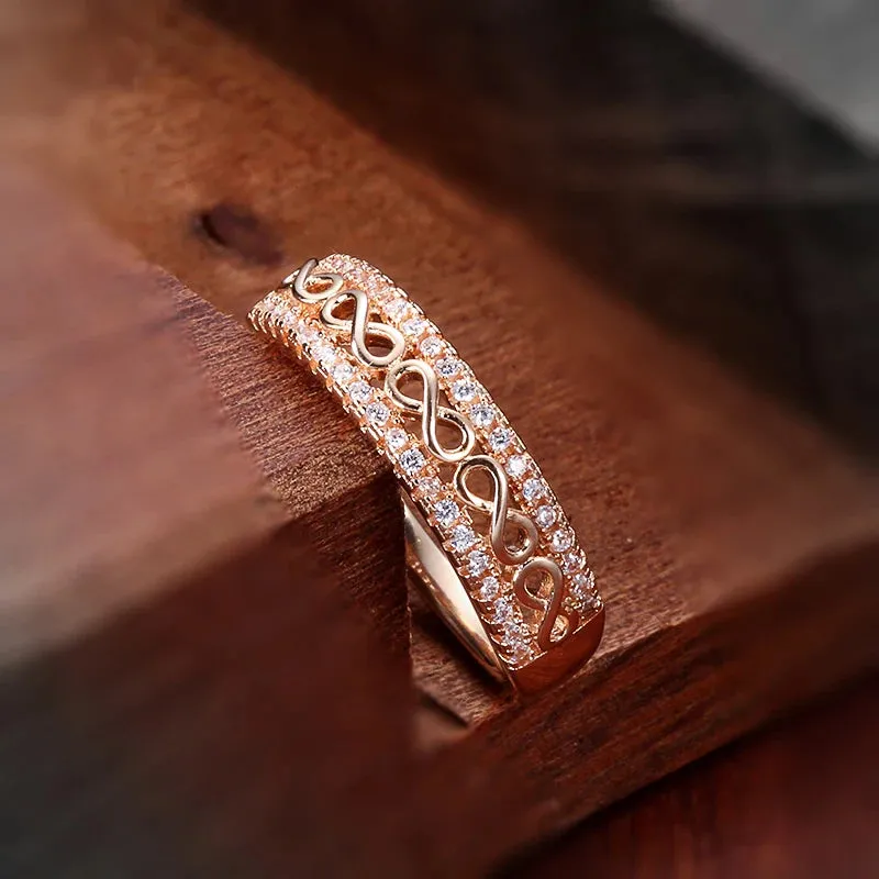 New Micro Inlay Double Row Rolled 14K Rose Gold AAA Zircon Diamonds Hollow Flower Ethnic Rings - Fine Jewellery