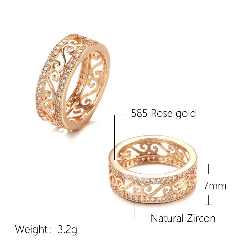 New Micro Inlay Double Row Rolled 14K Rose Gold AAA Zircon Diamonds Hollow Flower Ethnic Rings - Fine Jewellery