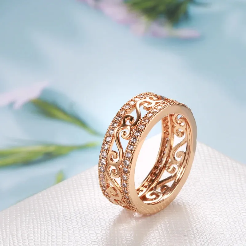 New Micro Inlay Double Row Rolled 14K Rose Gold AAA Zircon Diamonds Hollow Flower Ethnic Rings - Fine Jewellery