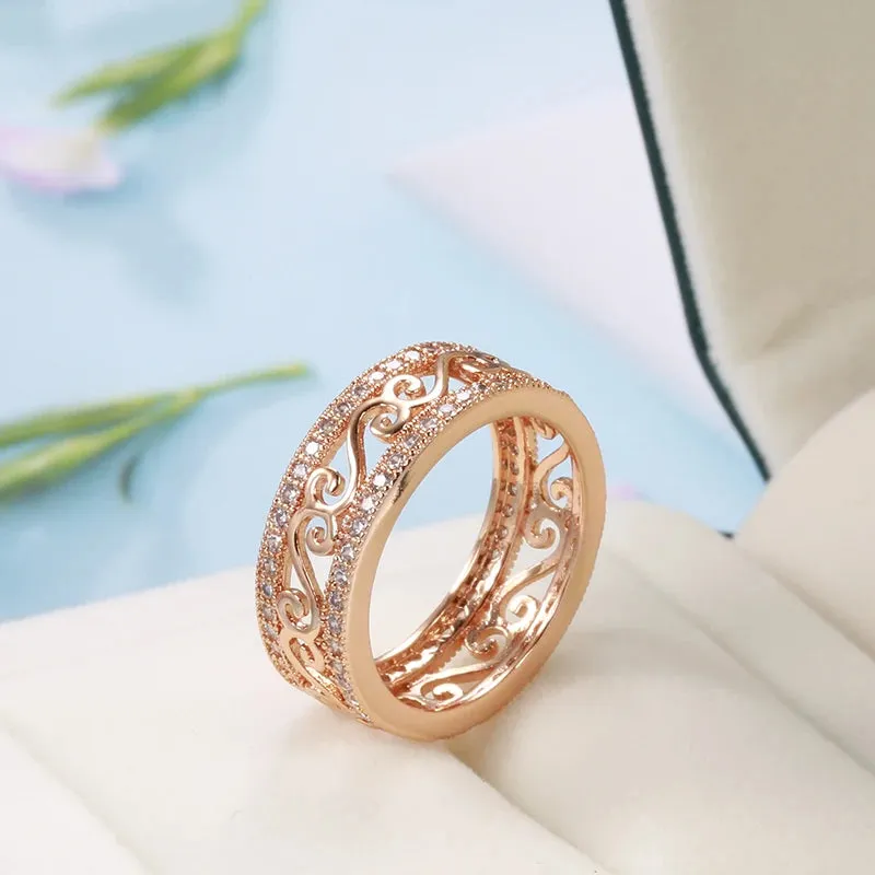 New Micro Inlay Double Row Rolled 14K Rose Gold AAA Zircon Diamonds Hollow Flower Ethnic Rings - Fine Jewellery