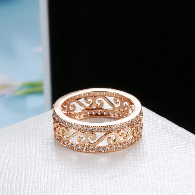 New Micro Inlay Double Row Rolled 14K Rose Gold AAA Zircon Diamonds Hollow Flower Ethnic Rings - Fine Jewellery