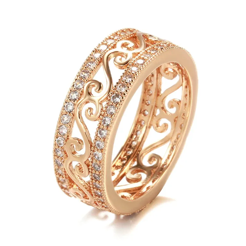 New Micro Inlay Double Row Rolled 14K Rose Gold AAA Zircon Diamonds Hollow Flower Ethnic Rings - Fine Jewellery