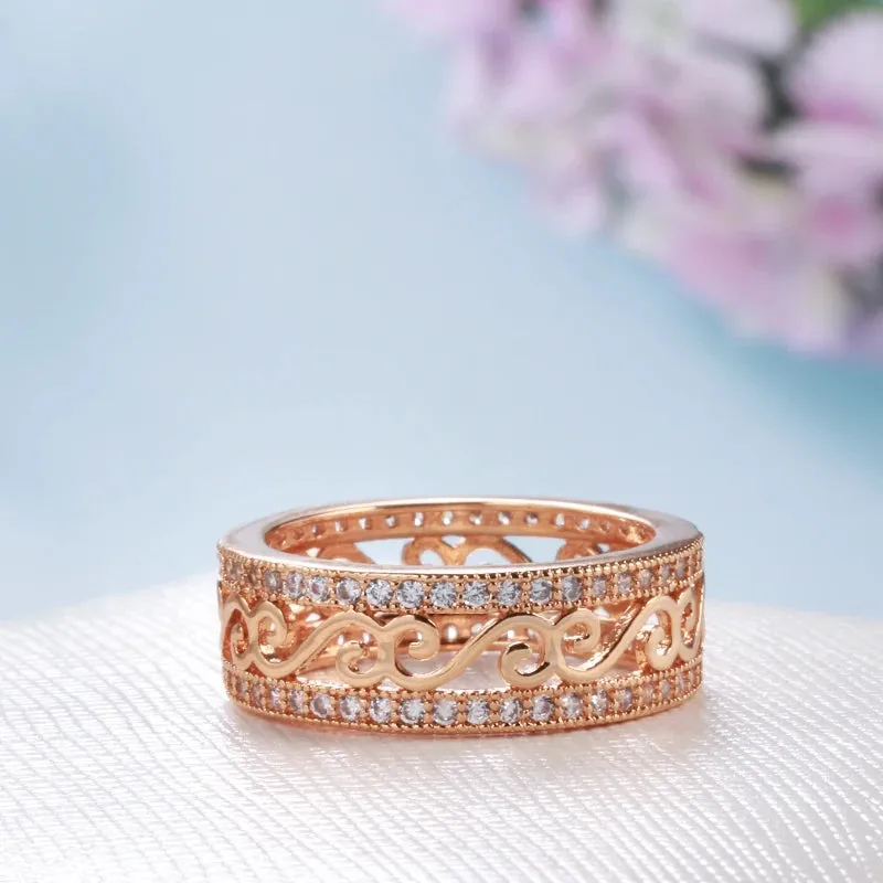 New Micro Inlay Double Row Rolled 14K Rose Gold AAA Zircon Diamonds Hollow Flower Ethnic Rings - Fine Jewellery