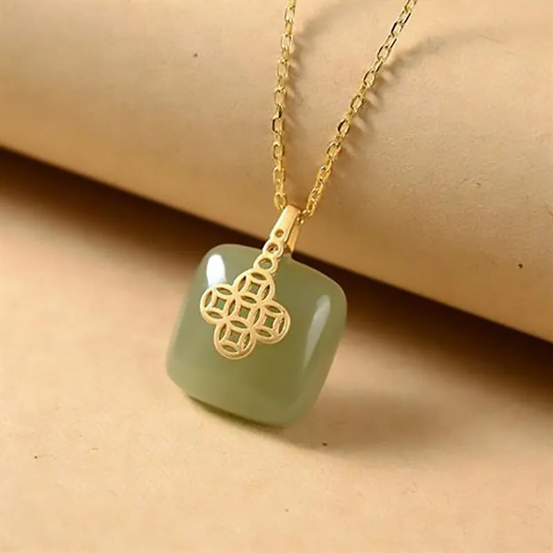 New Natural Hetian Jade Copper Coin Square Necklace Pendant