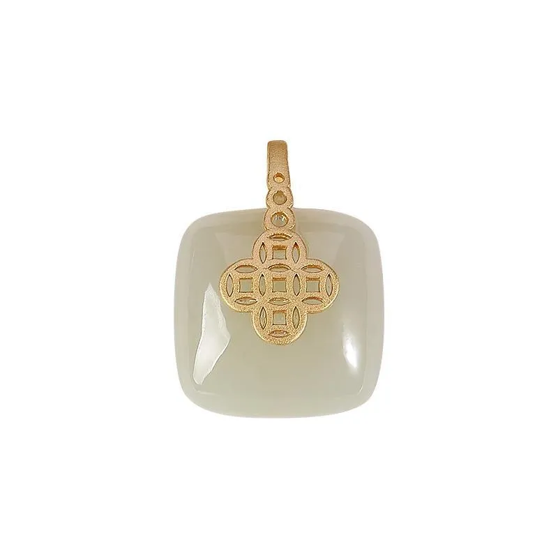 New Natural Hetian Jade Copper Coin Square Necklace Pendant