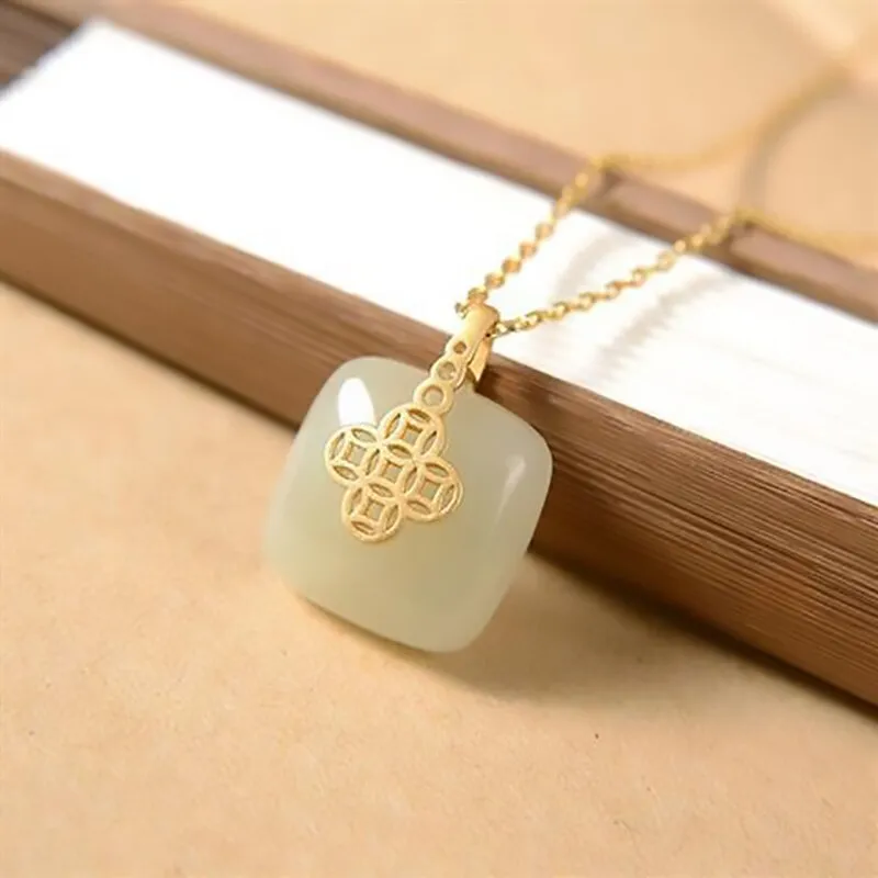 New Natural Hetian Jade Copper Coin Square Necklace Pendant