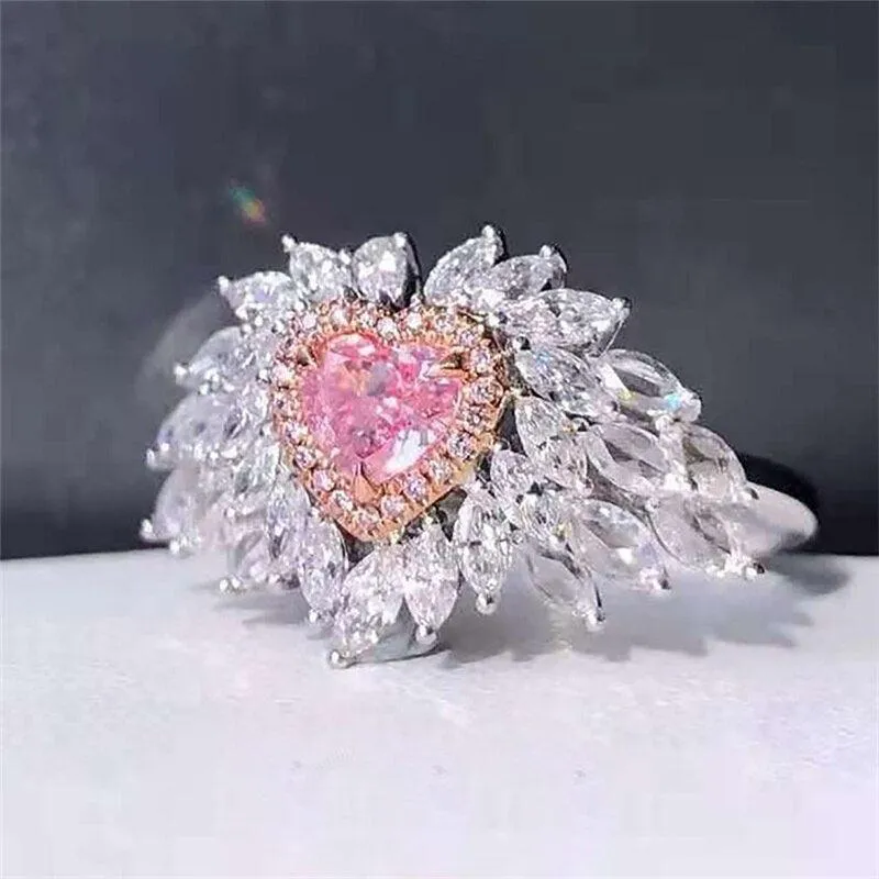 NEW VINTAGE RINGS Love Ring Inlaid with Heart-shaped Pink Diamond Zircon