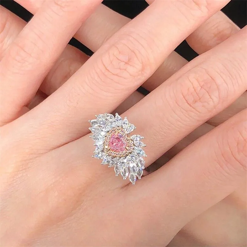 NEW VINTAGE RINGS Love Ring Inlaid with Heart-shaped Pink Diamond Zircon