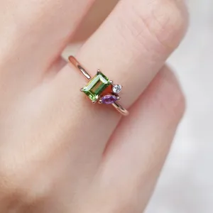 Peridot And Amethyst Three Stone Engagement Ring - 14k Rose Gold Vermeil Ring