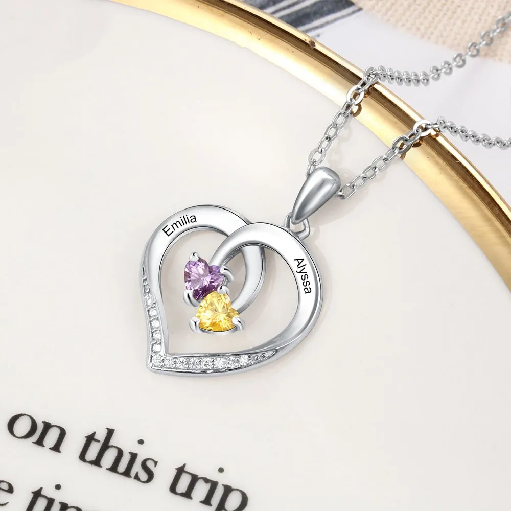Personalized Heart Necklace with 2 Birthstones Engraved Name Couple Necklace