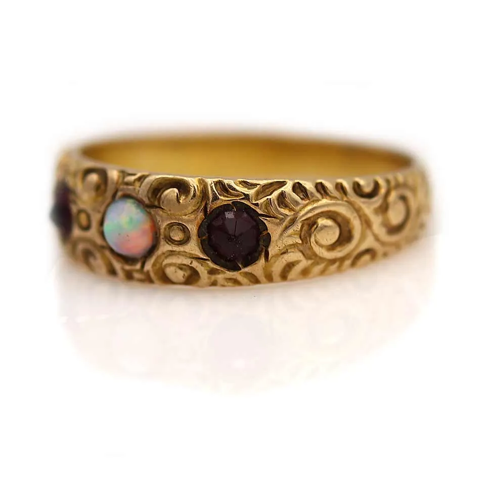 Petite Victorian Opal & Garnet Engagement Ring with Filigree