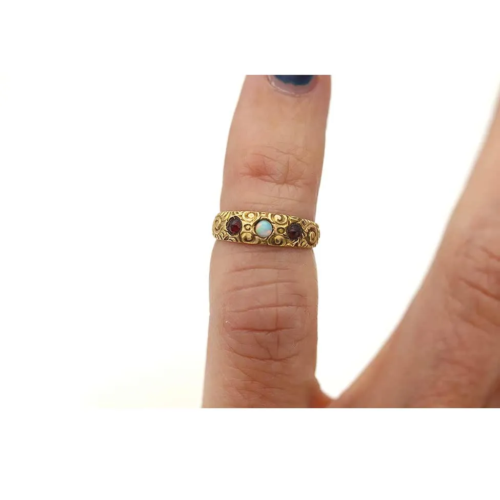 Petite Victorian Opal & Garnet Engagement Ring with Filigree