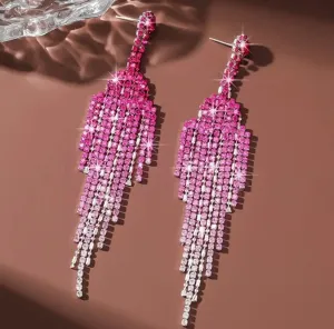 Pink Rhinestone Chandelier Tassel Dangle Earrings