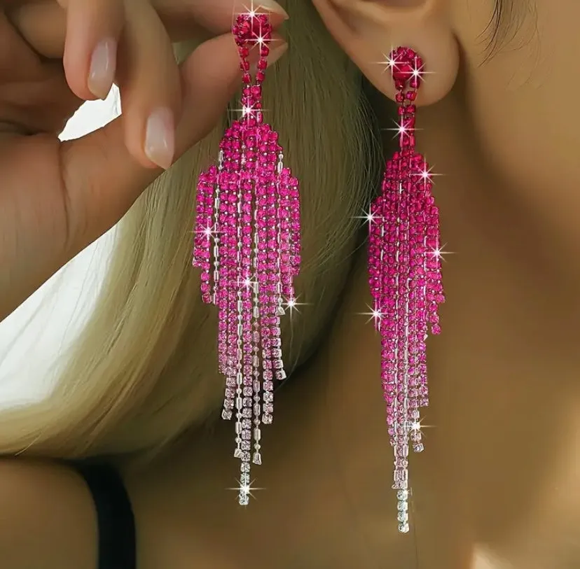 Pink Rhinestone Chandelier Tassel Dangle Earrings
