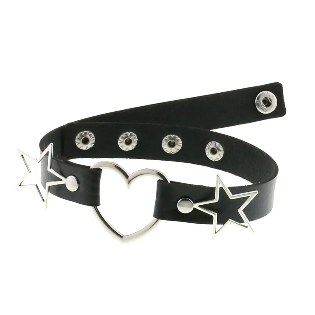 PU Leather Choker Necklace with Heart and Stars / Female Neck Accessories