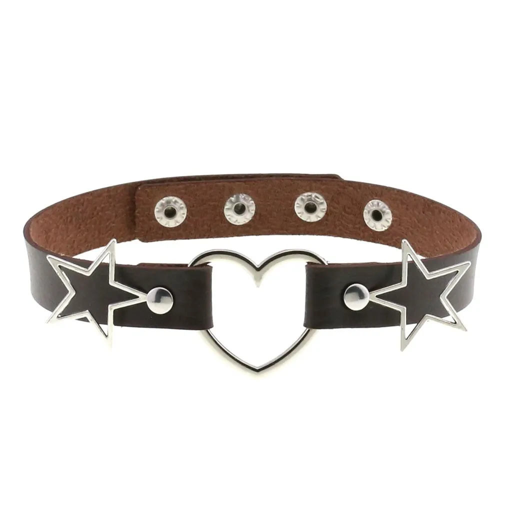 PU Leather Choker Necklace with Heart and Stars / Female Neck Accessories