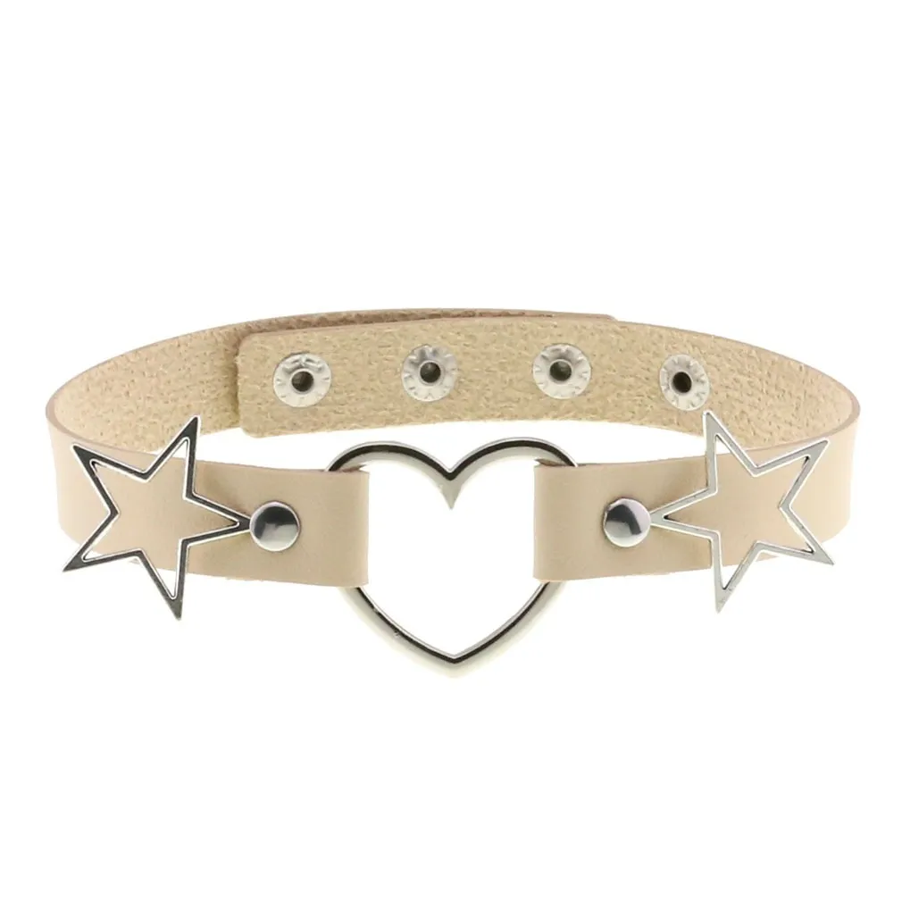 PU Leather Choker Necklace with Heart and Stars / Female Neck Accessories