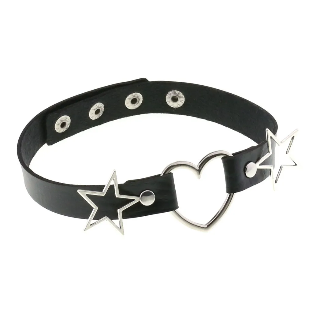 PU Leather Choker Necklace with Heart and Stars / Female Neck Accessories