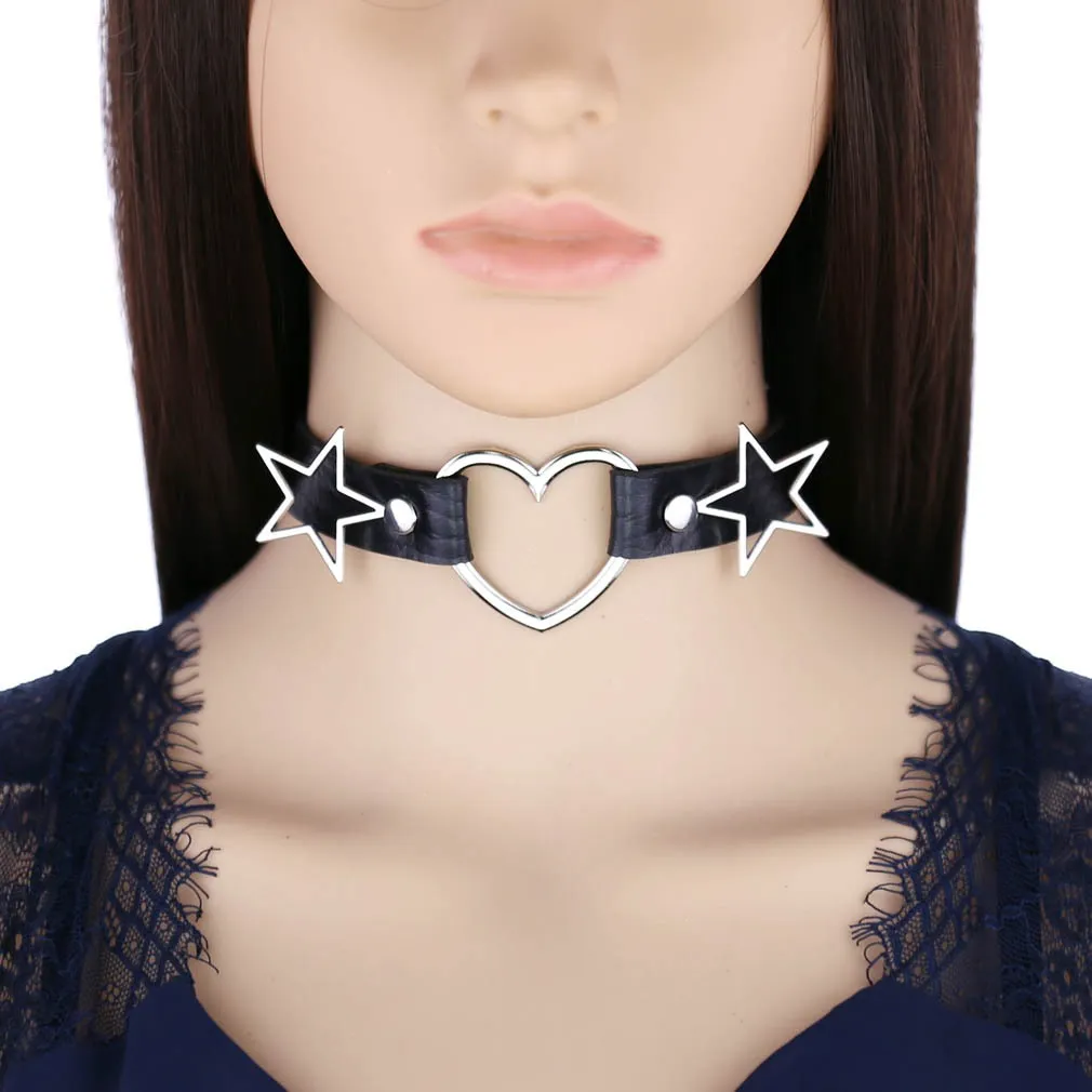 PU Leather Choker Necklace with Heart and Stars / Female Neck Accessories