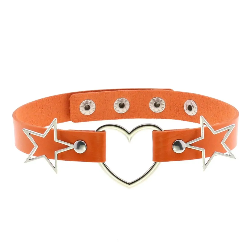 PU Leather Choker Necklace with Heart and Stars / Female Neck Accessories