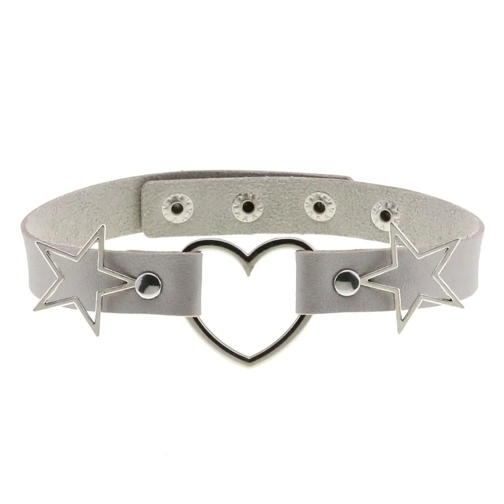 PU Leather Choker Necklace with Heart and Stars / Female Neck Accessories