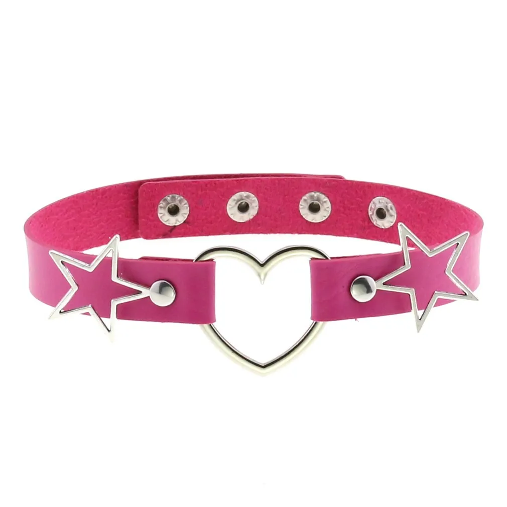 PU Leather Choker Necklace with Heart and Stars / Female Neck Accessories