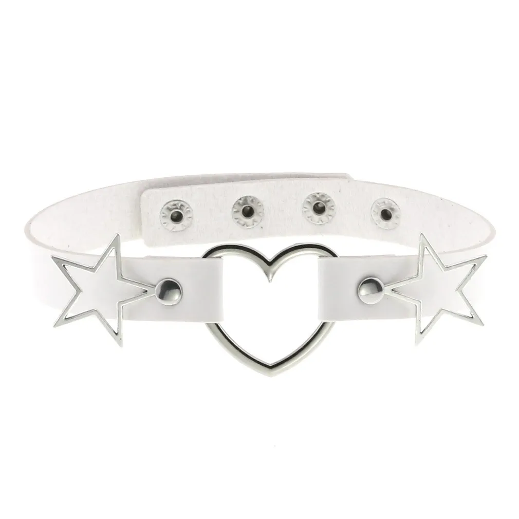 PU Leather Choker Necklace with Heart and Stars / Female Neck Accessories