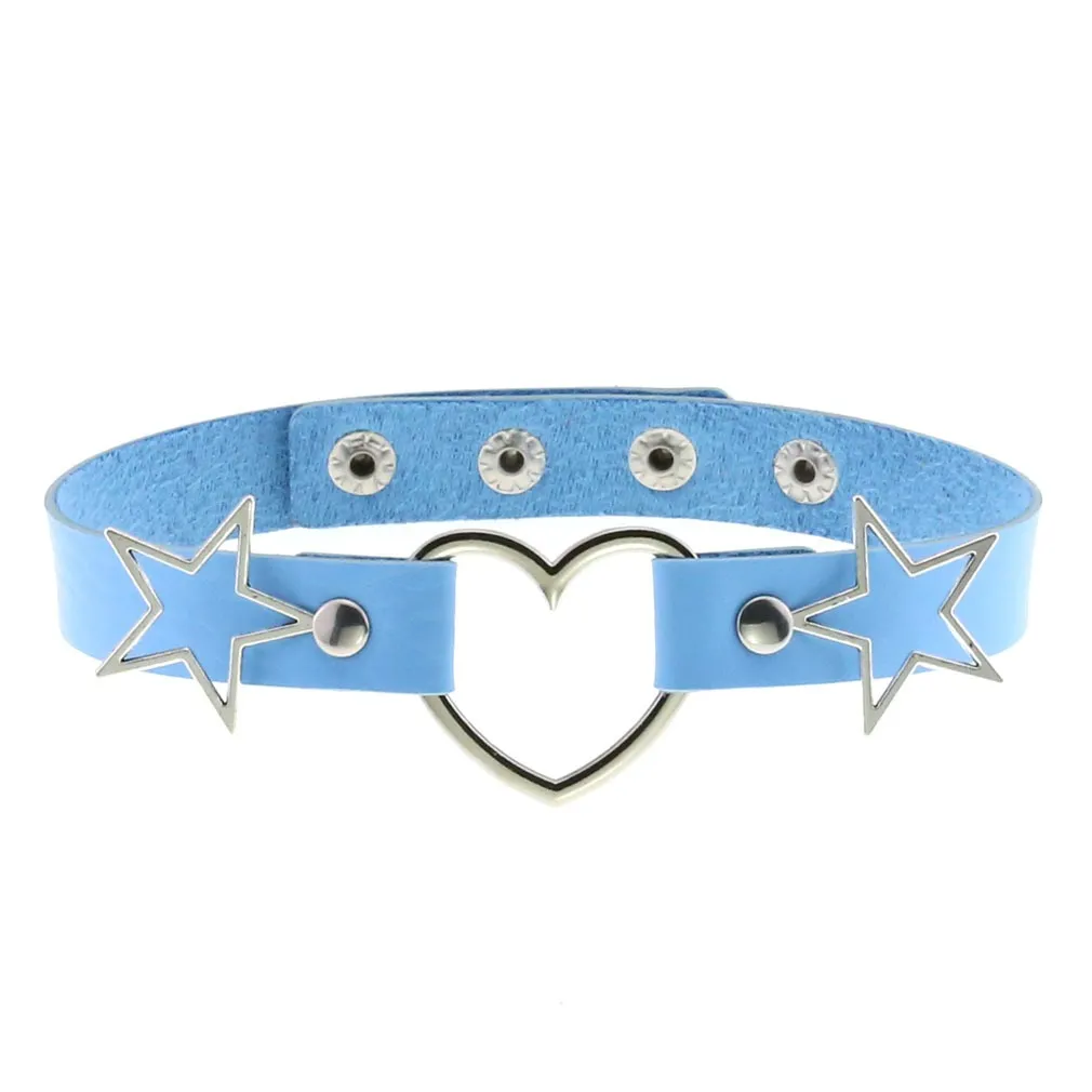 PU Leather Choker Necklace with Heart and Stars / Female Neck Accessories