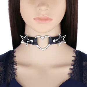PU Leather Choker Necklace with Heart and Stars / Female Neck Accessories