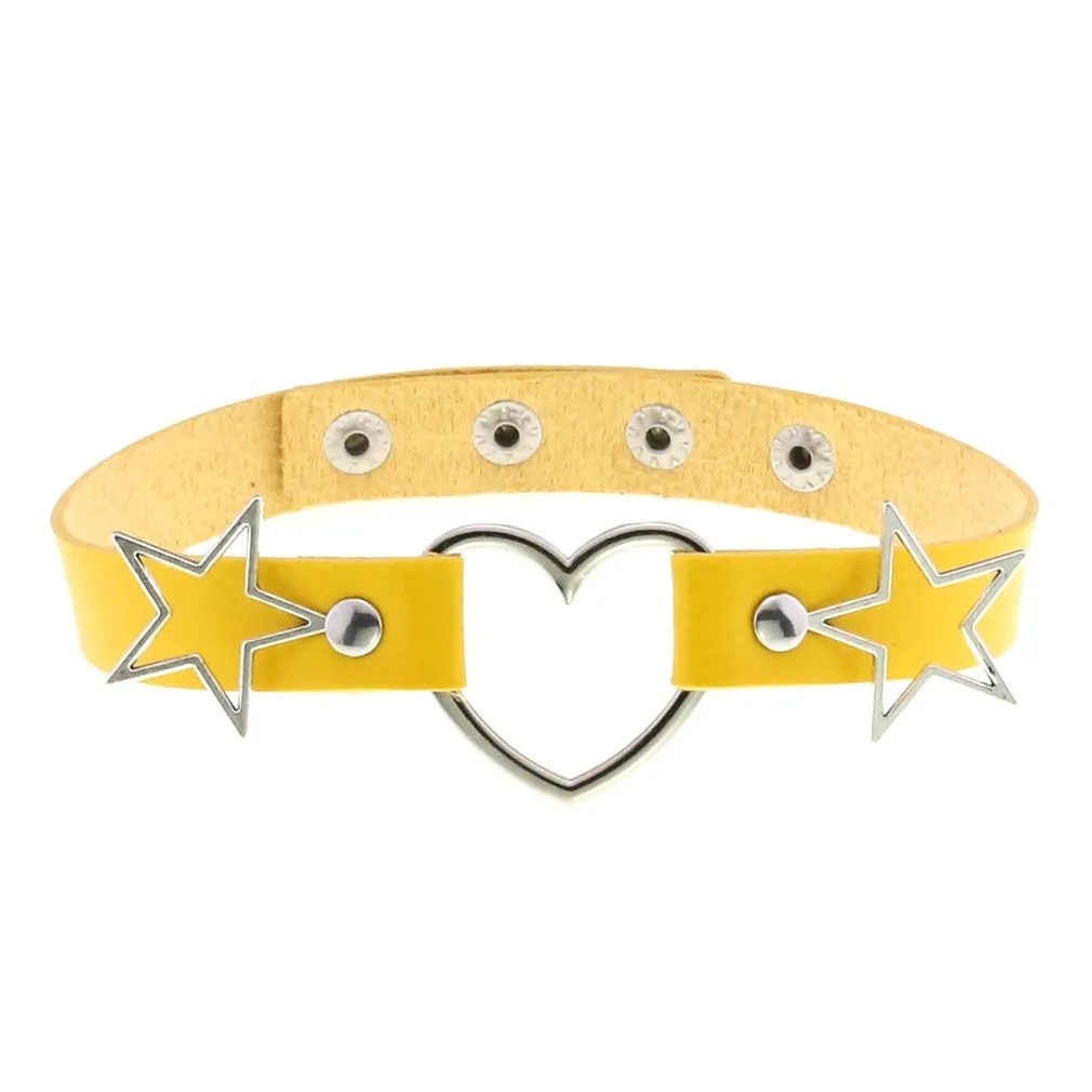 PU Leather Choker Necklace with Heart and Stars / Female Neck Accessories