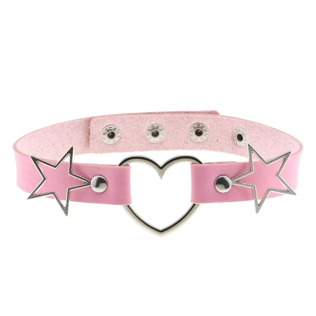 PU Leather Choker Necklace with Heart and Stars / Female Neck Accessories