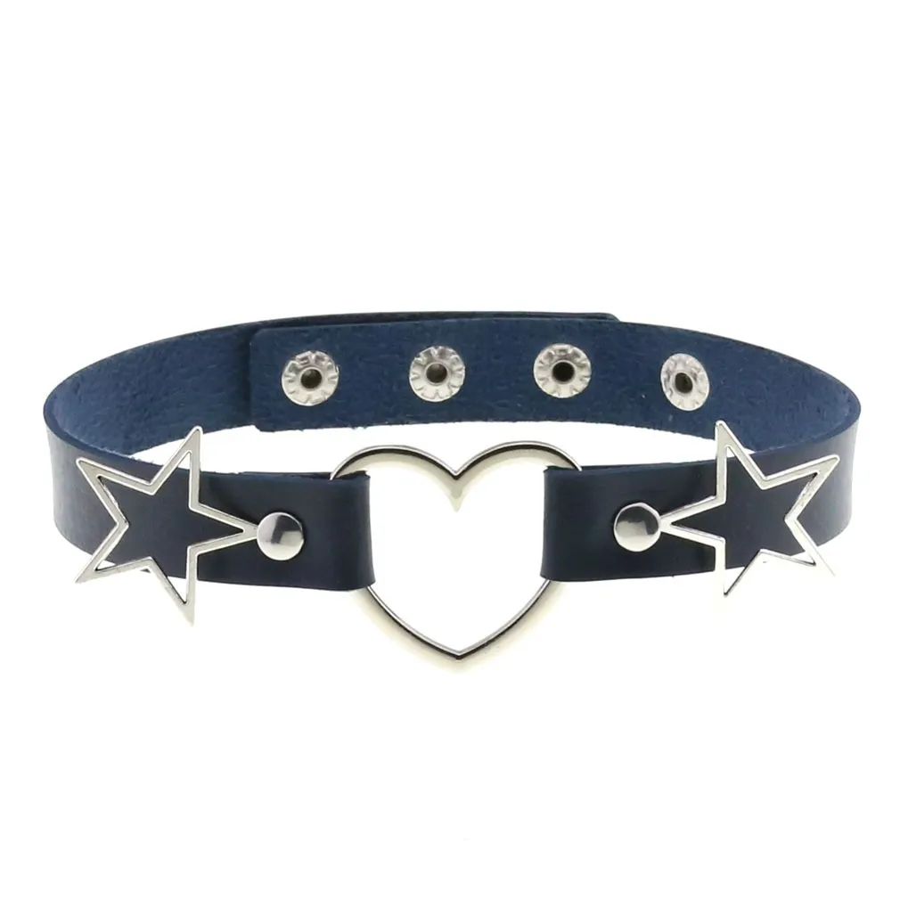 PU Leather Choker Necklace with Heart and Stars / Female Neck Accessories