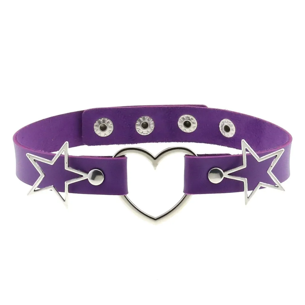 PU Leather Choker Necklace with Heart and Stars / Female Neck Accessories