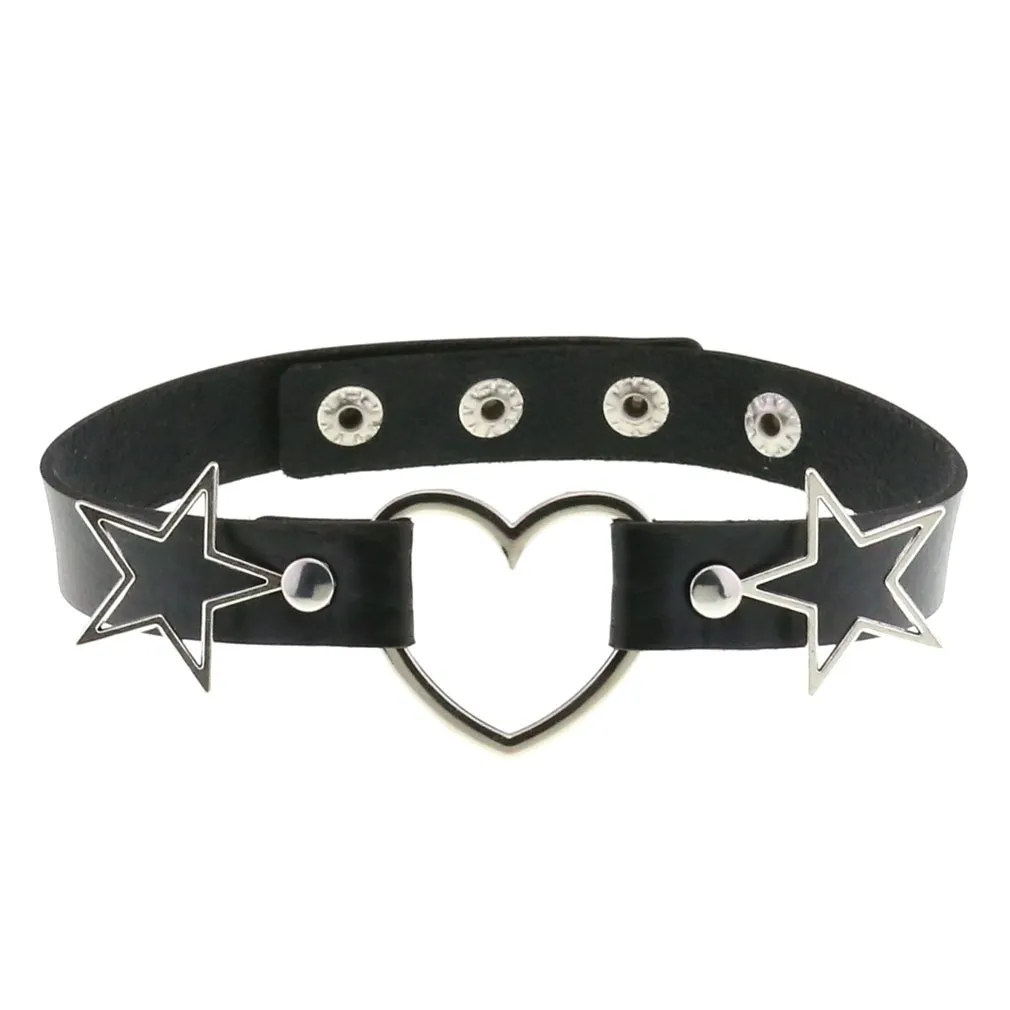 PU Leather Choker Necklace with Heart and Stars / Female Neck Accessories