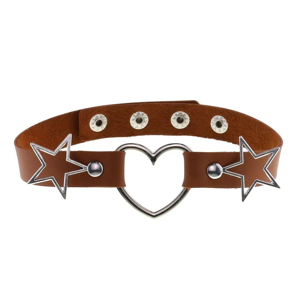 PU Leather Choker Necklace with Heart and Stars / Female Neck Accessories