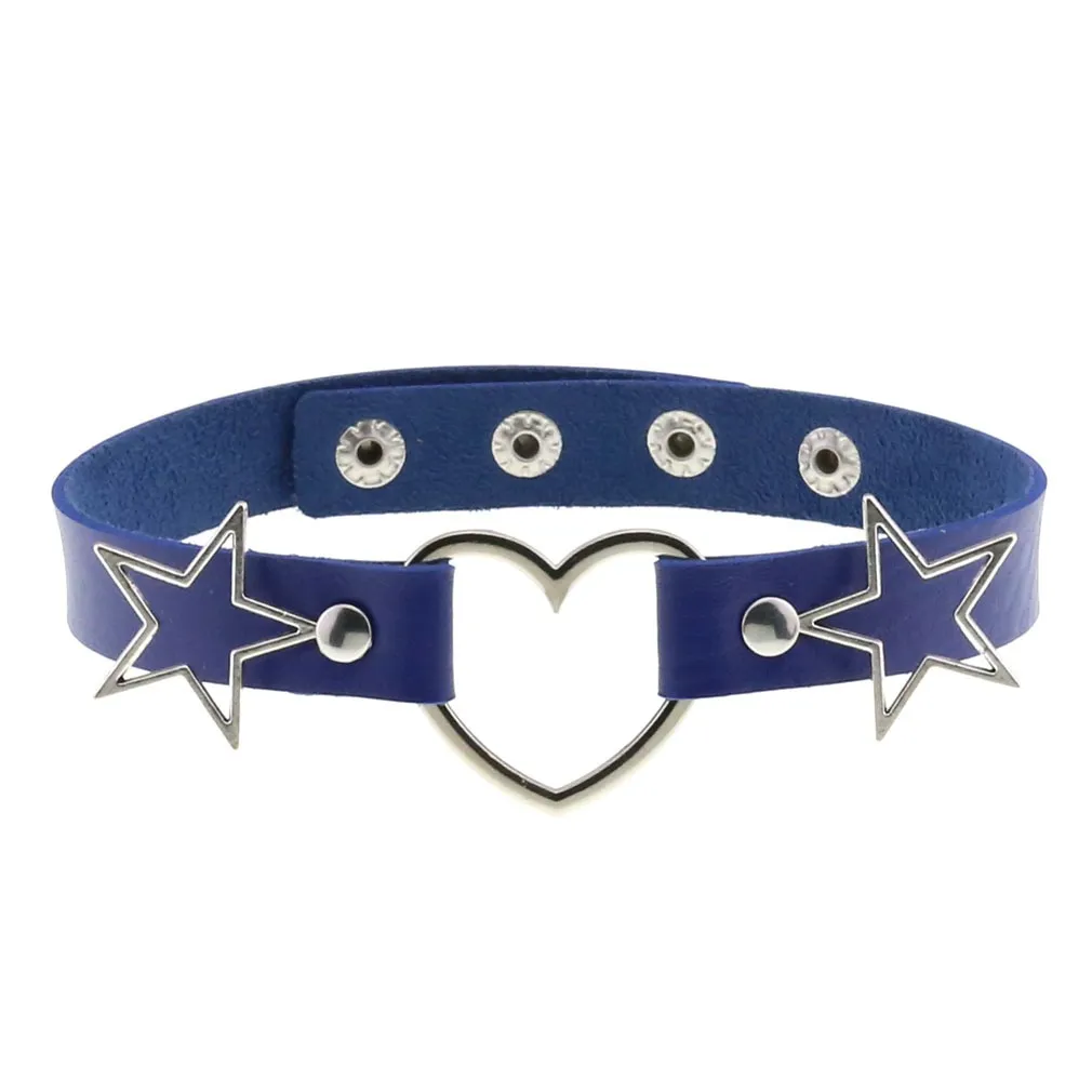 PU Leather Choker Necklace with Heart and Stars / Female Neck Accessories