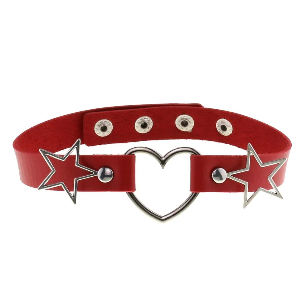 PU Leather Choker Necklace with Heart and Stars / Female Neck Accessories