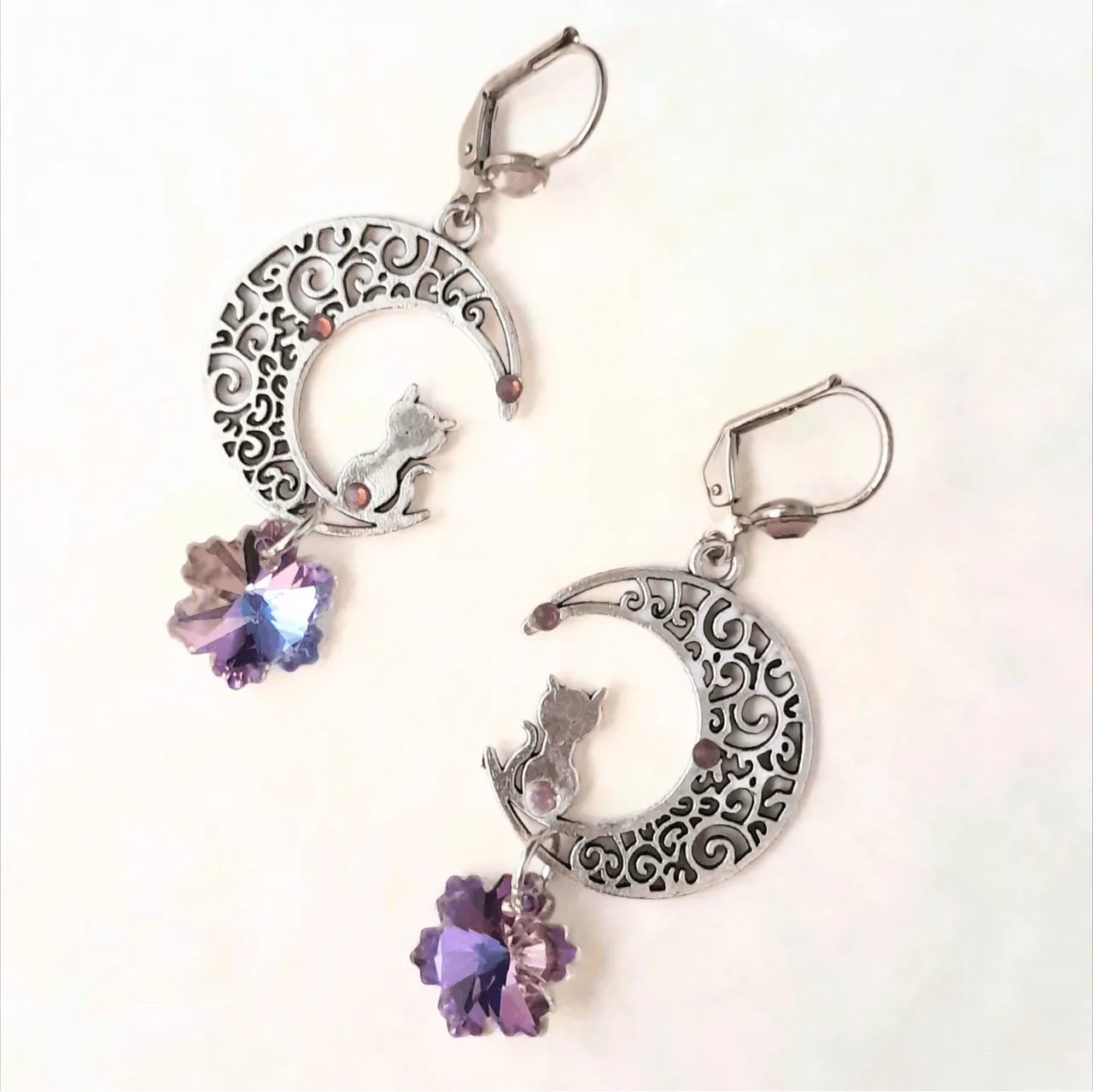 Purple Crystal Cat Moon Earrings