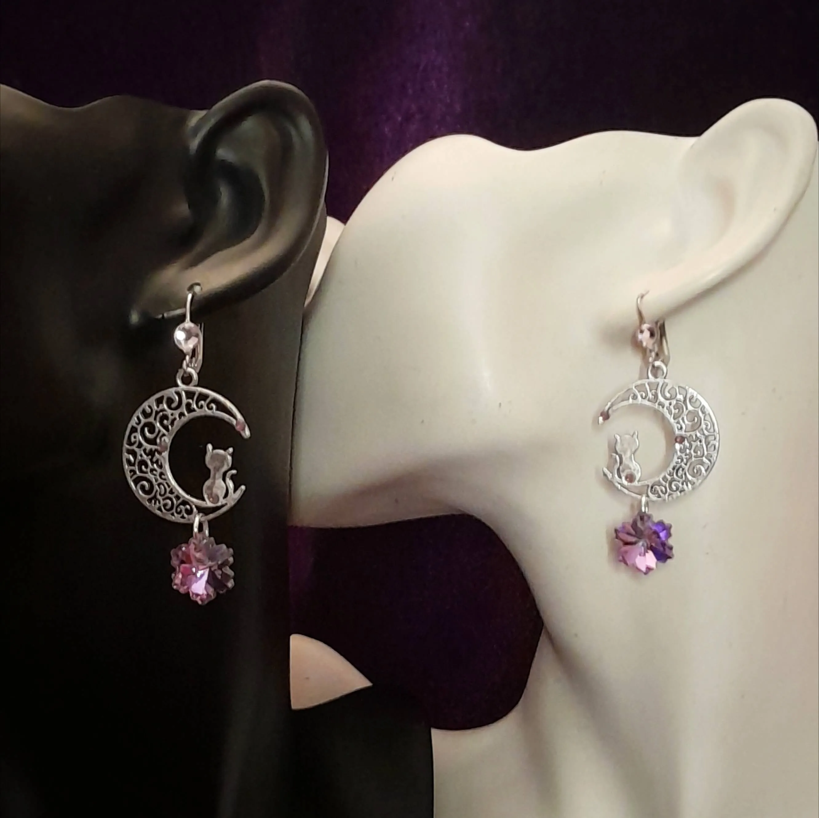 Purple Crystal Cat Moon Earrings