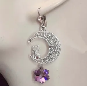 Purple Crystal Cat Moon Earrings