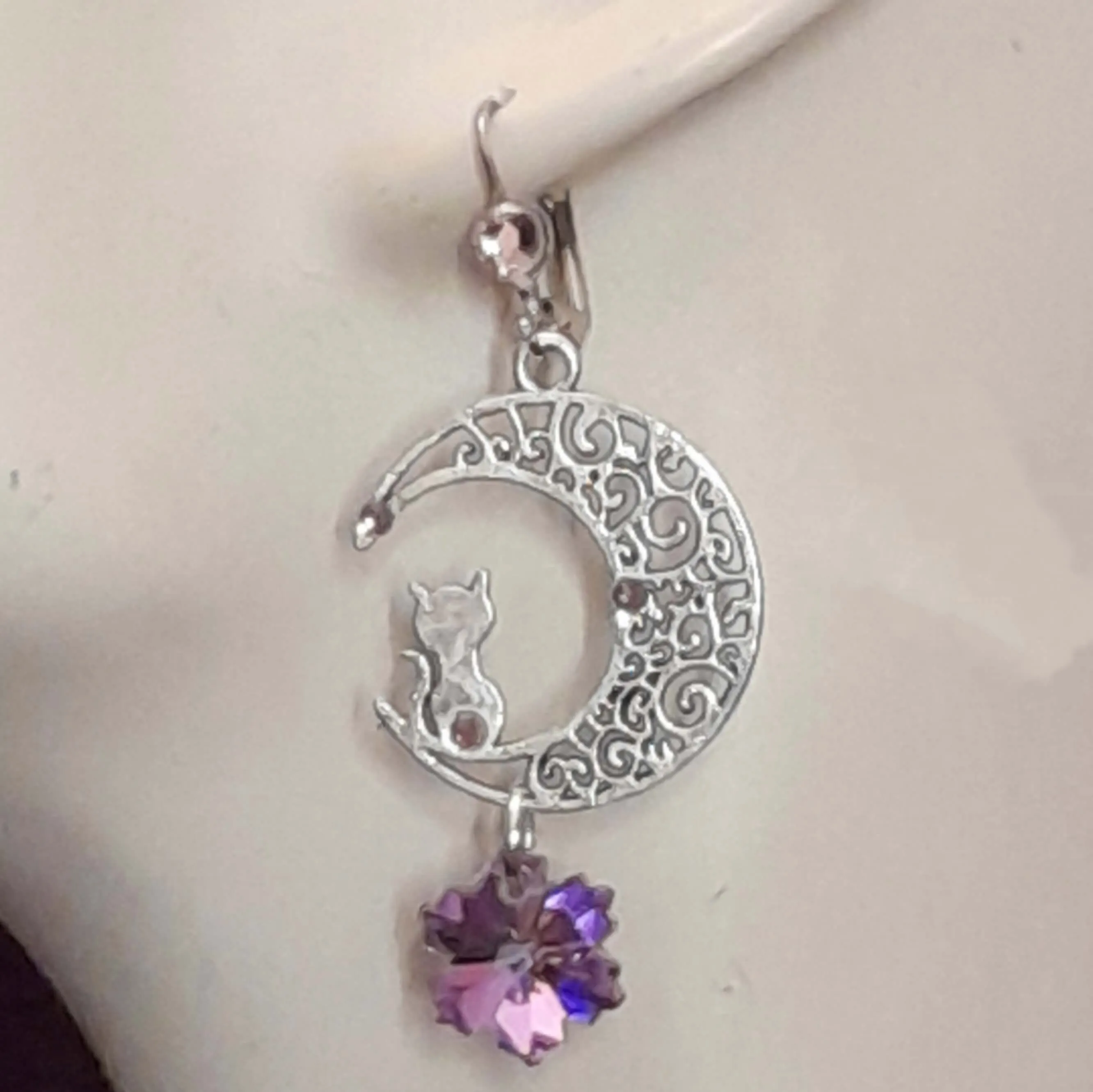 Purple Crystal Cat Moon Earrings