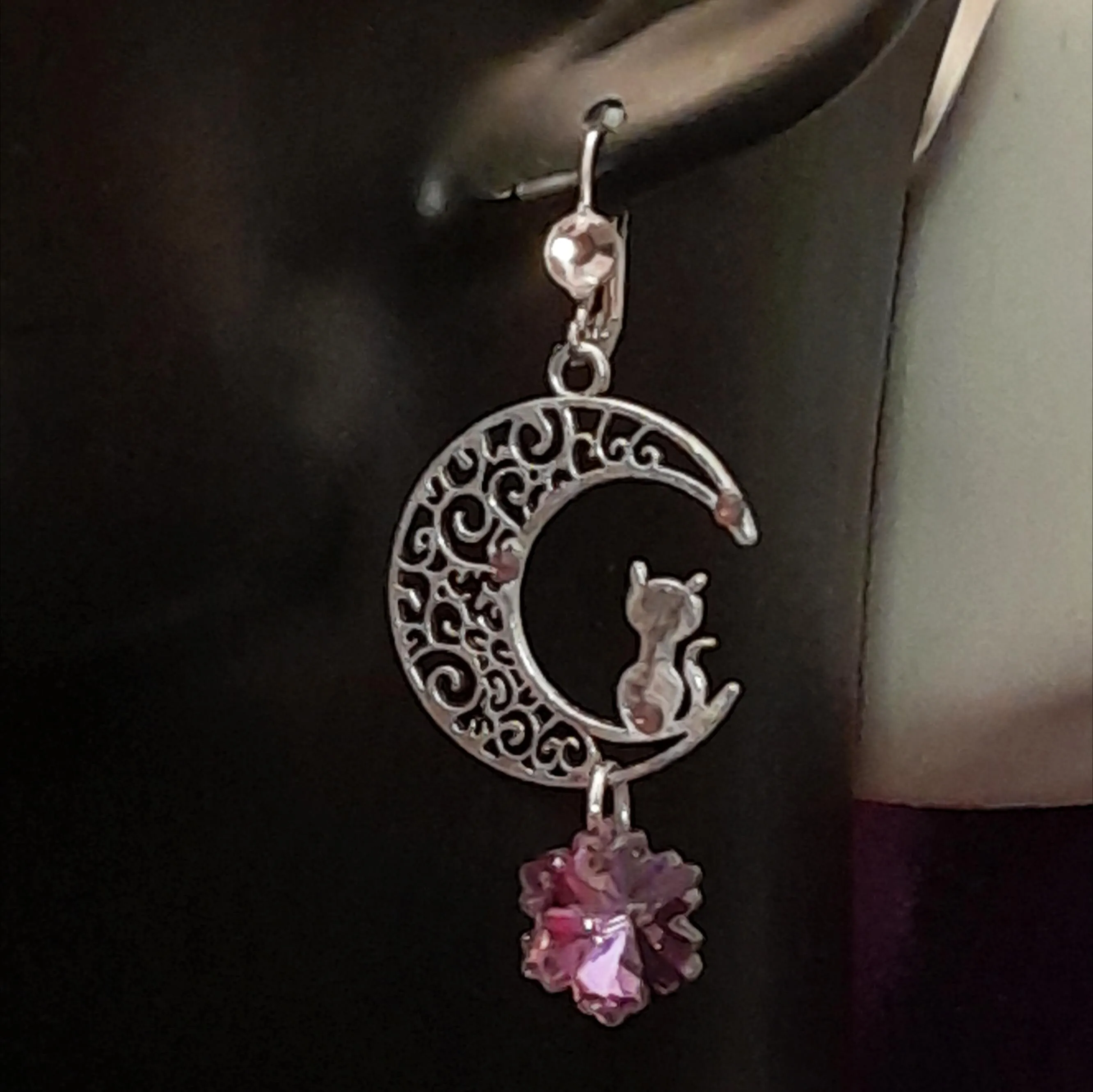 Purple Crystal Cat Moon Earrings