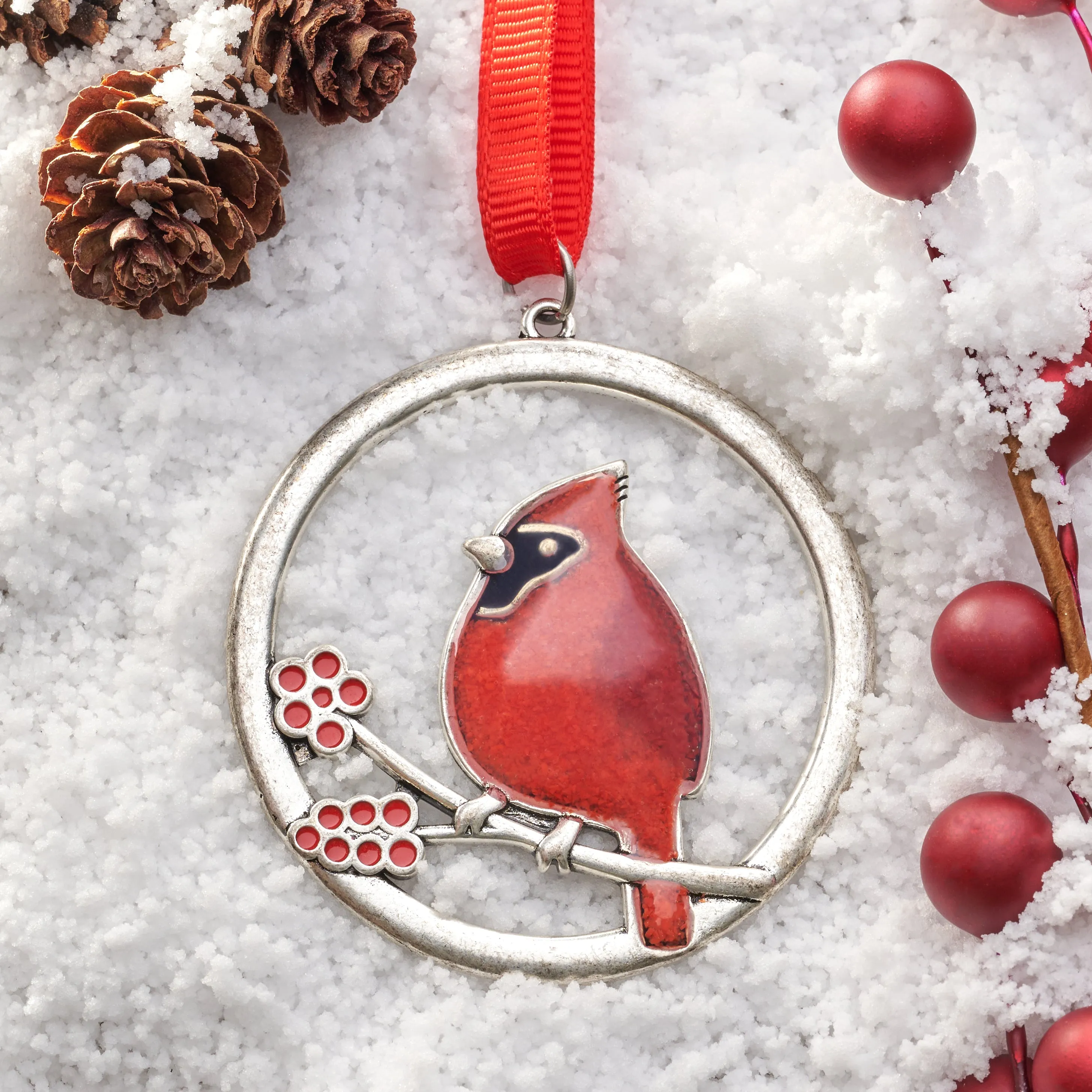 Red Glass Cardinal Branch Ornament Gift Set